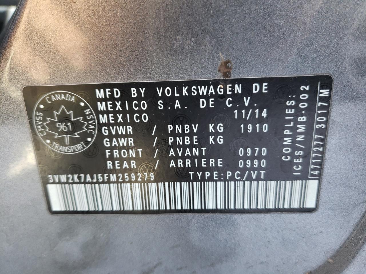 Photo 10 from auction – 2015 VOLKSWAGEN JETTA BASE with VIN 3VW2K7AJ5FM259279