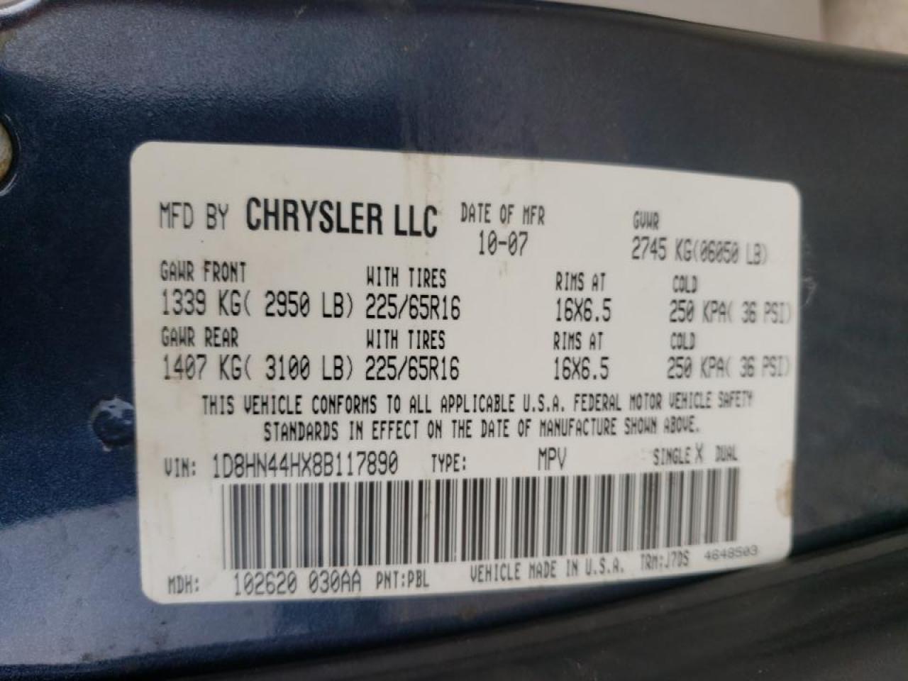 Photo 10 from auction – 2008 DODGE GRAND CARA with VIN 1D8HN44HX8B117890