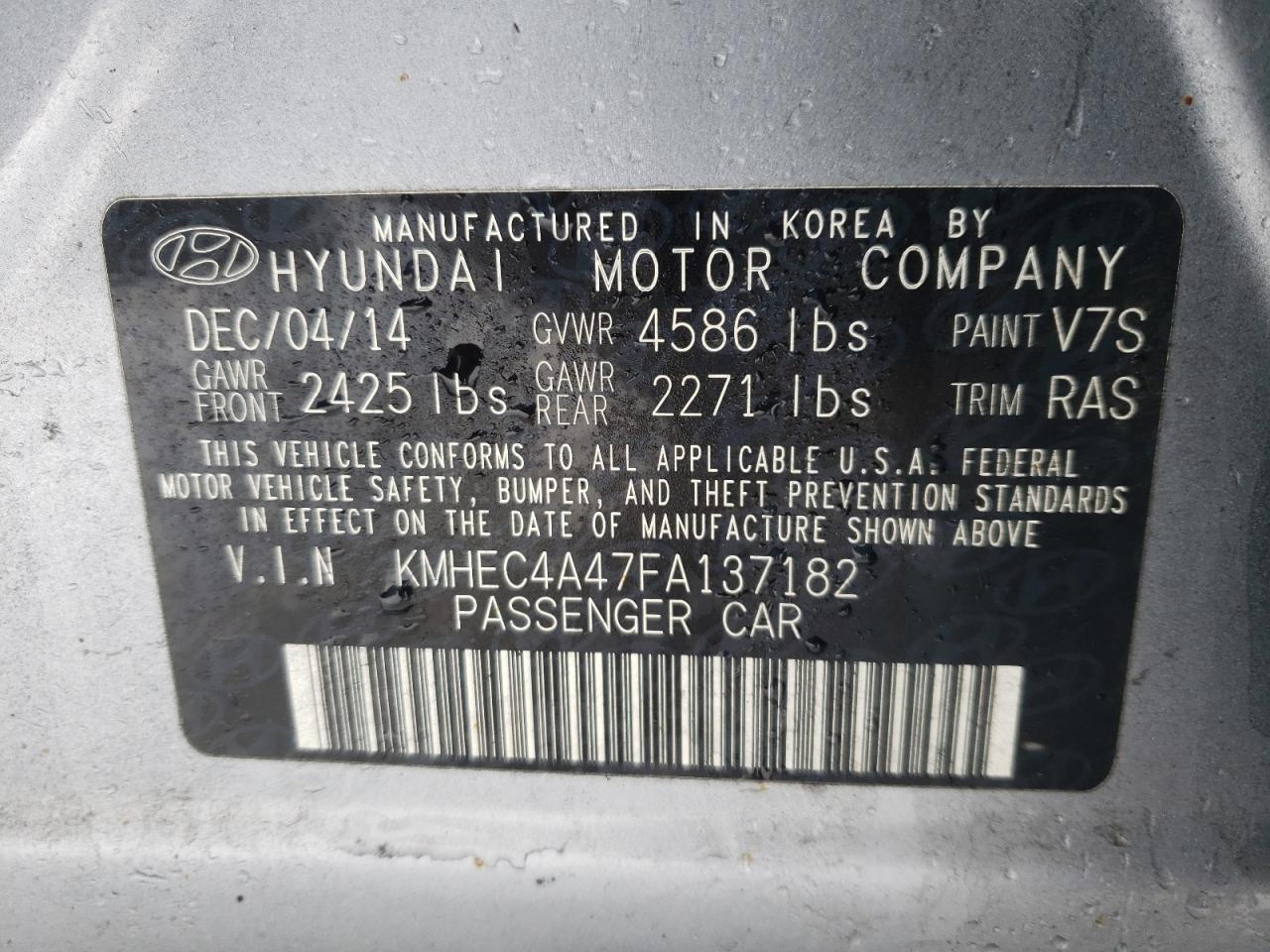 Photo 10 from auction – 2015 HYUNDAI SONATA HYB with VIN KMHEC4A47FA137182