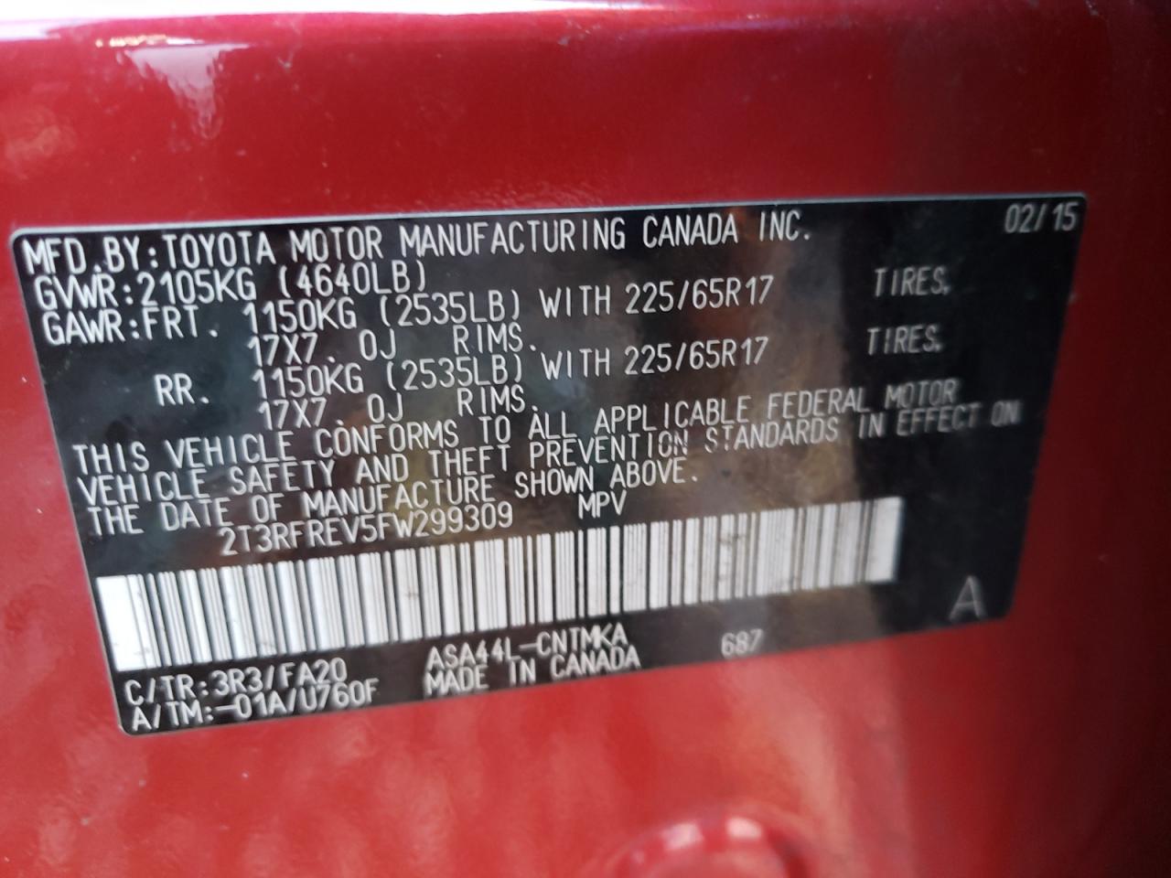 Photo 10 from auction – 2015 TOYOTA RAV4 XLE with VIN 2T3RFREV5FW299309