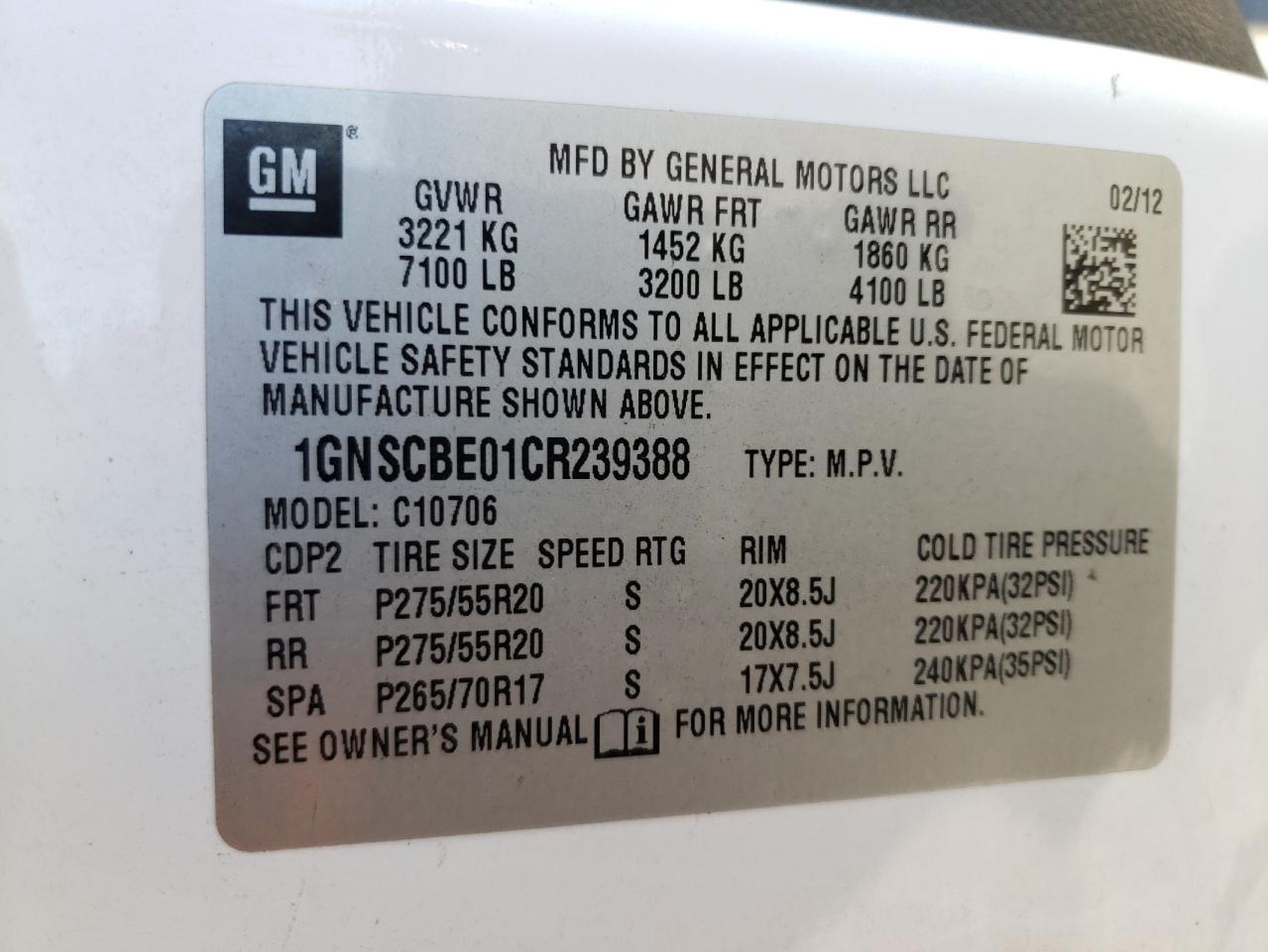 Photo 10 from auction – 2012 CHEVROLET TAHOE C150 with VIN 1GNSCBE01CR239388