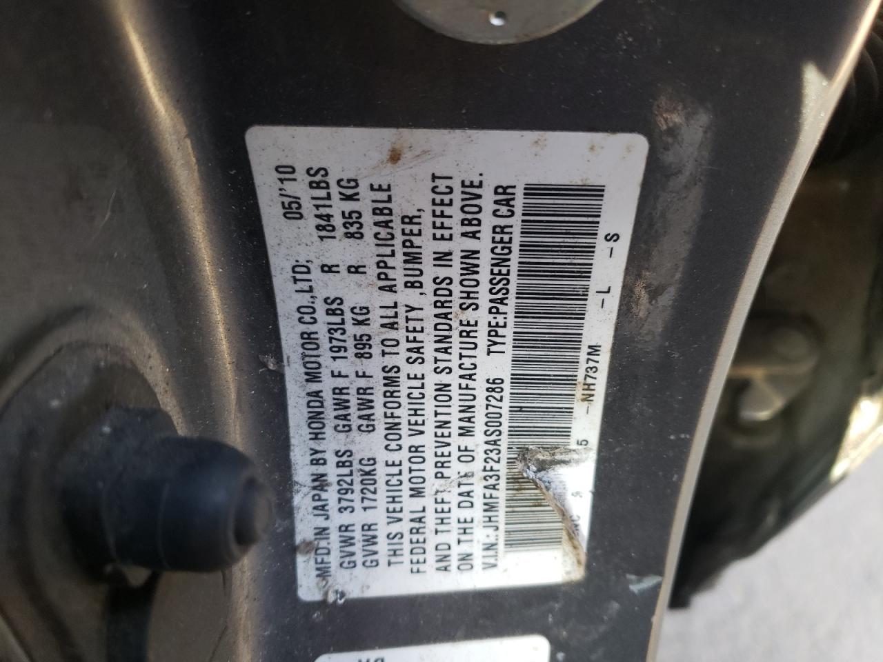 Photo 10 from auction – 2010 HONDA CIVIC HYBR with VIN JHMFA3F23AS007286