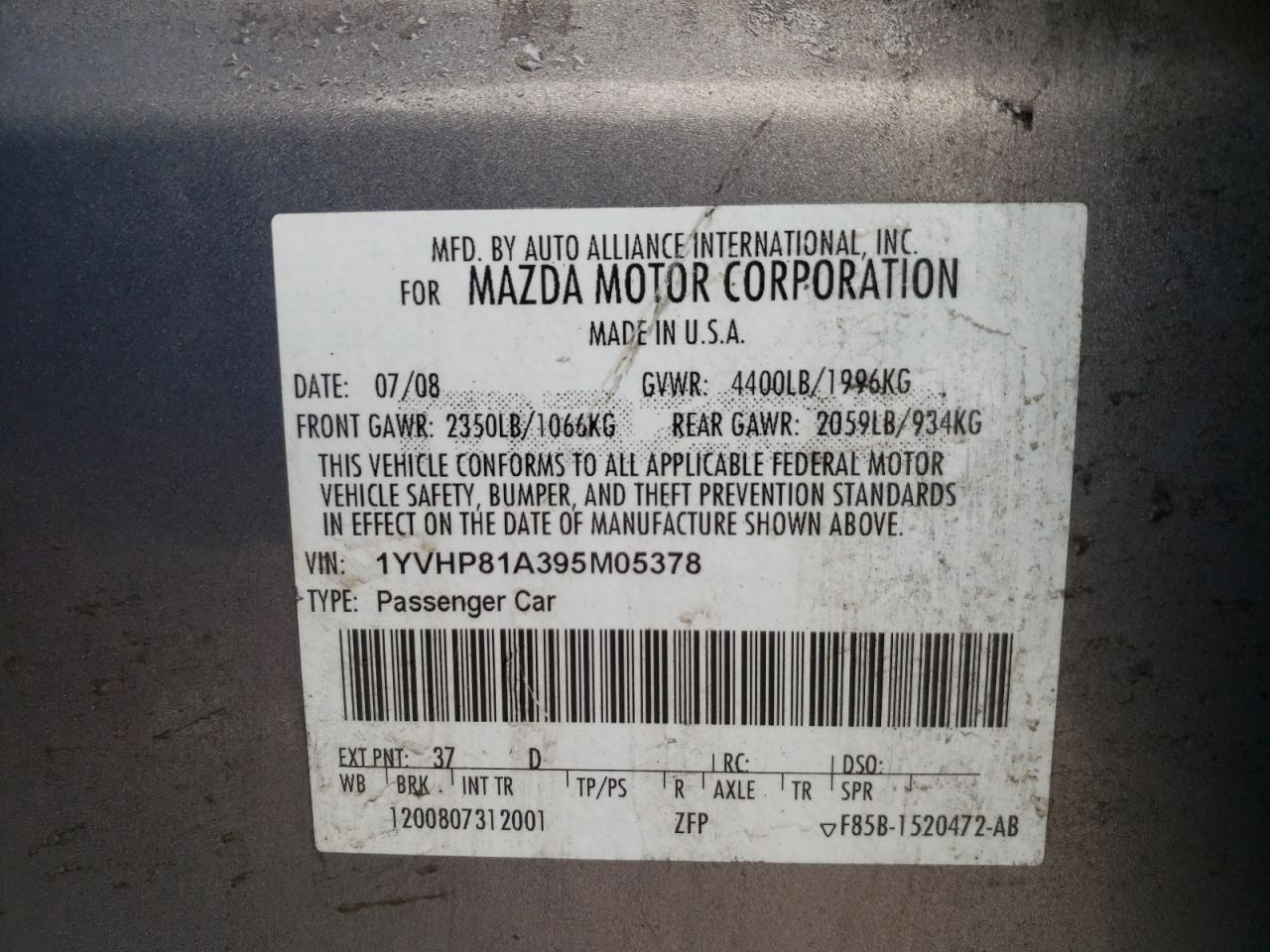 Photo 10 from auction – 2009 MAZDA 6 I with VIN 1YVHP81A395M05378