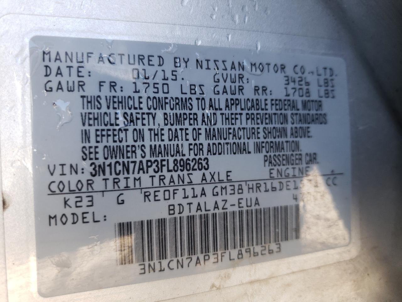 Photo 10 from auction – 2015 NISSAN VERSA S with VIN 3N1CN7AP3FL896263