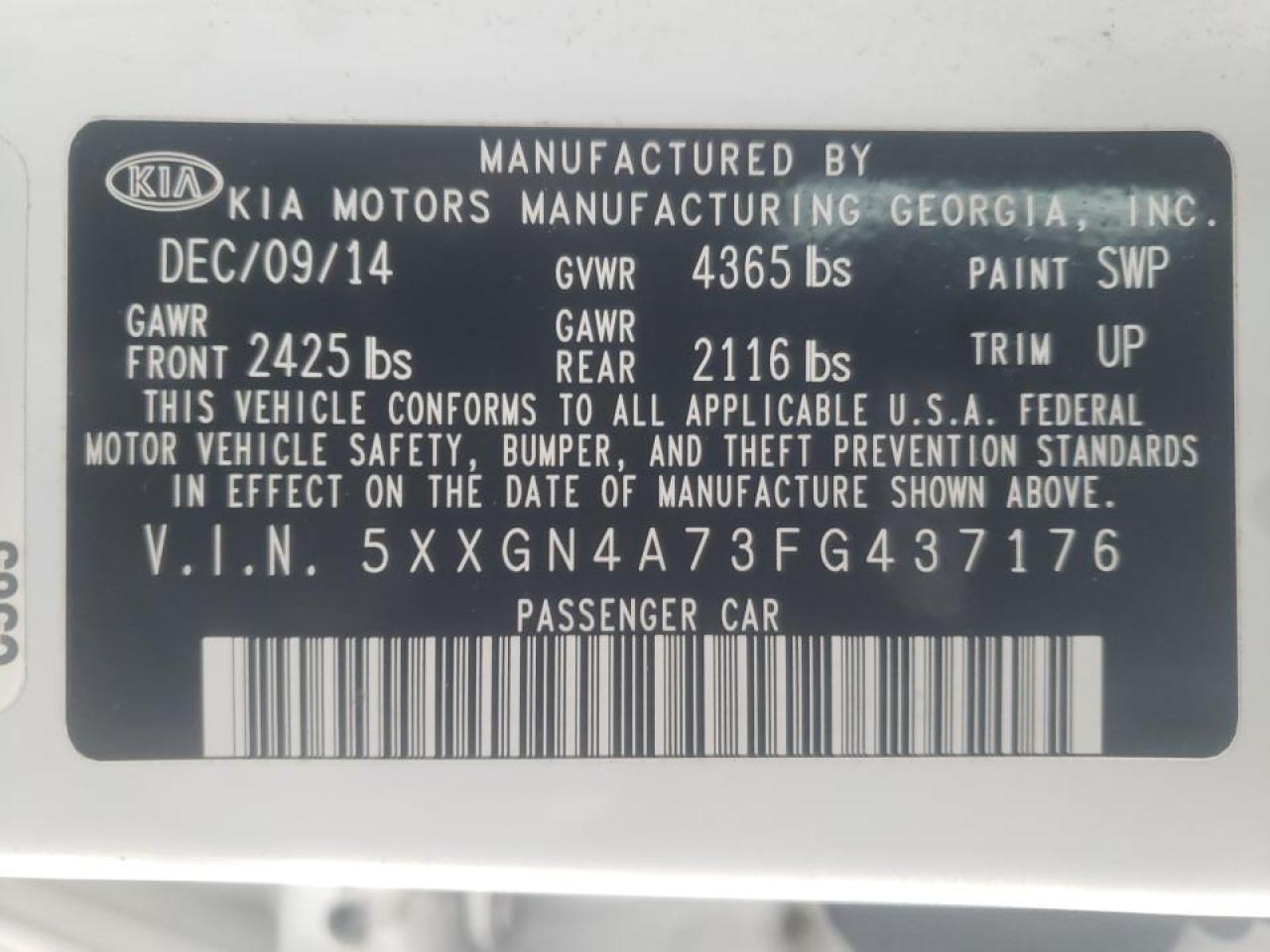 Фото 10 с аукциона – 2015 KIA OPTIMA EX с VIN 5XXGN4A73FG437176