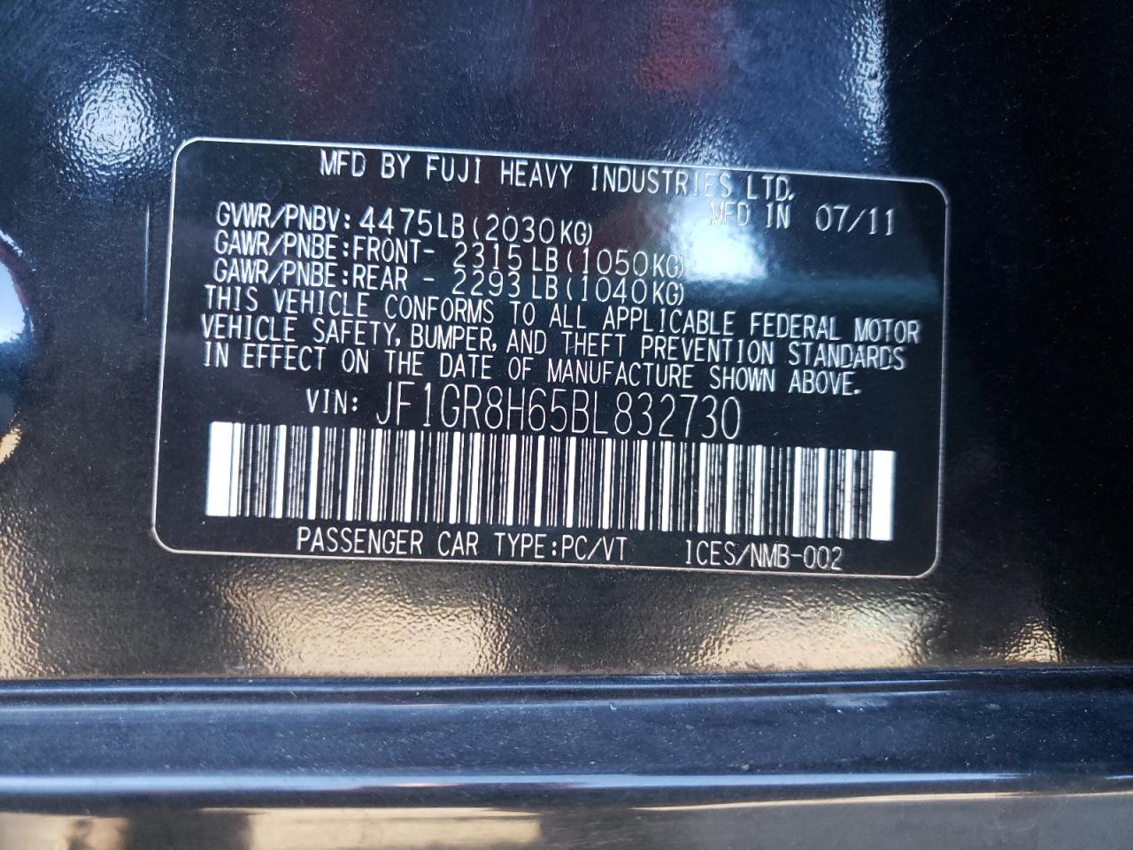 Photo 10 from auction – 2011 SUBARU IMPREZA WR with VIN JF1GR8H65BL832730