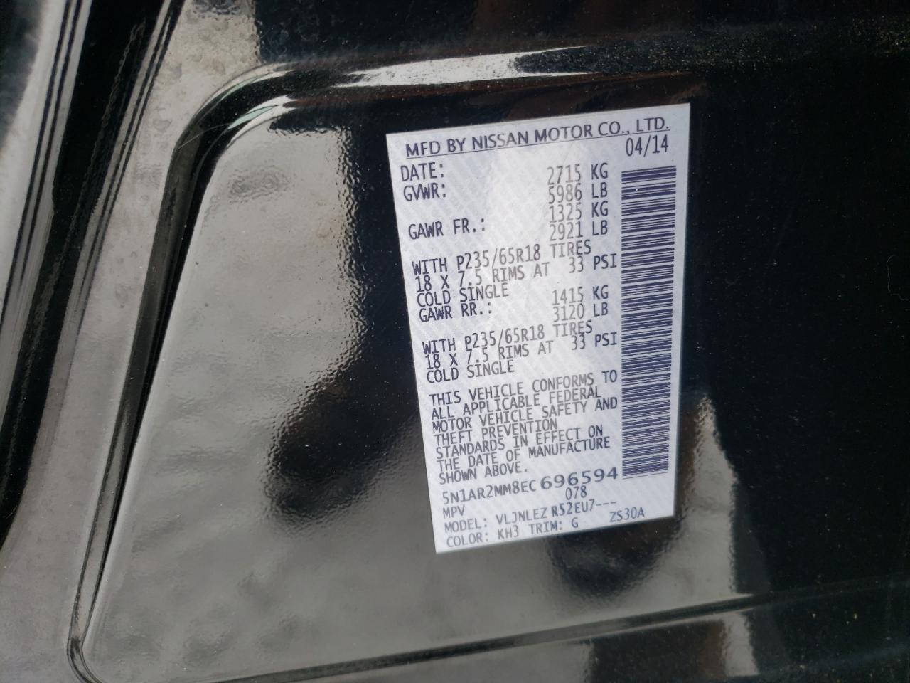 Photo 10 from auction – 2014 NISSAN PATHFINDER with VIN 5N1AR2MM8EC696594