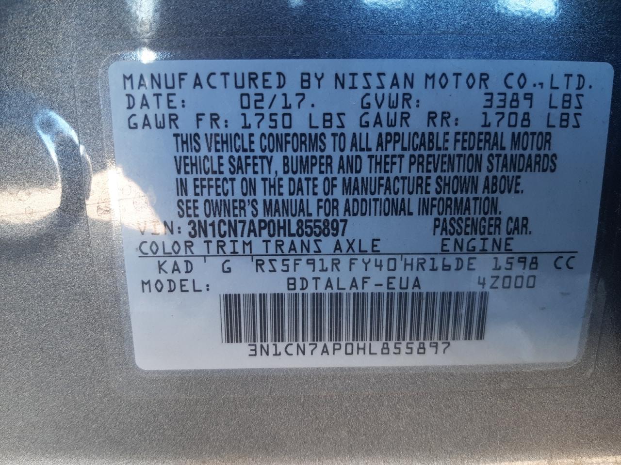 Photo 10 from auction – 2017 NISSAN VERSA S with VIN 3N1CN7AP0HL855897