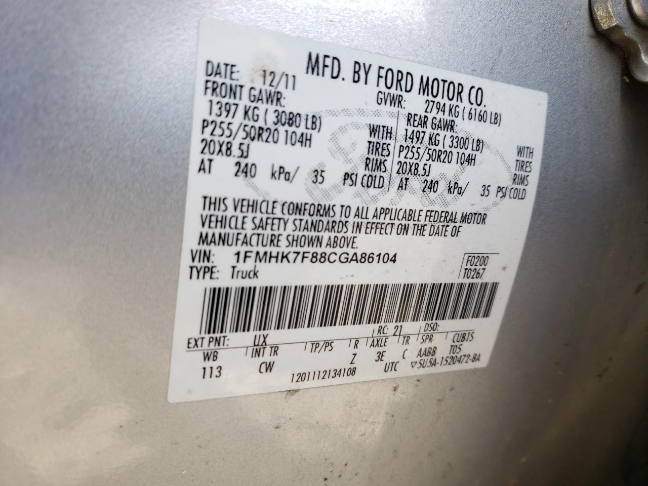 Photo 10 from auction – 2012 FORD EXPLORER L with VIN 1FMHK7F88CGA86104