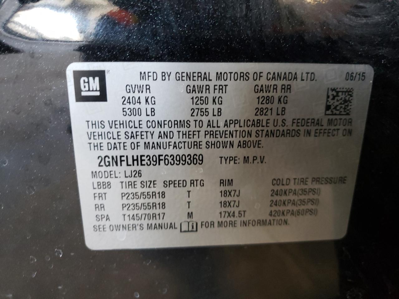 Photo 10 from auction – 2015 CHEVROLET EQUINOX LT with VIN 2GNFLHE39F6399369