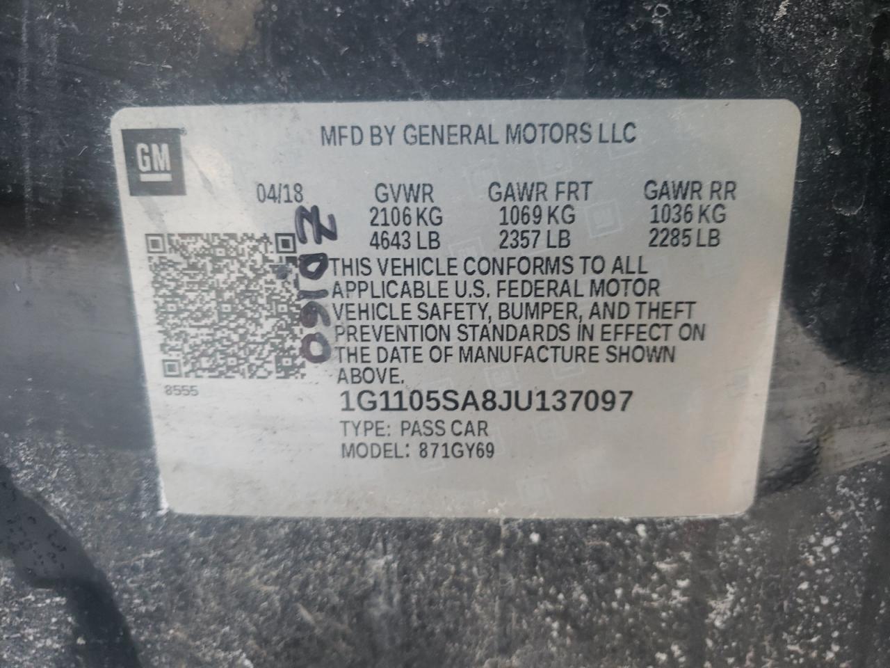 Photo 10 from auction – 2018 CHEVROLET IMPALA LT with VIN 1G1105SA8JU137097