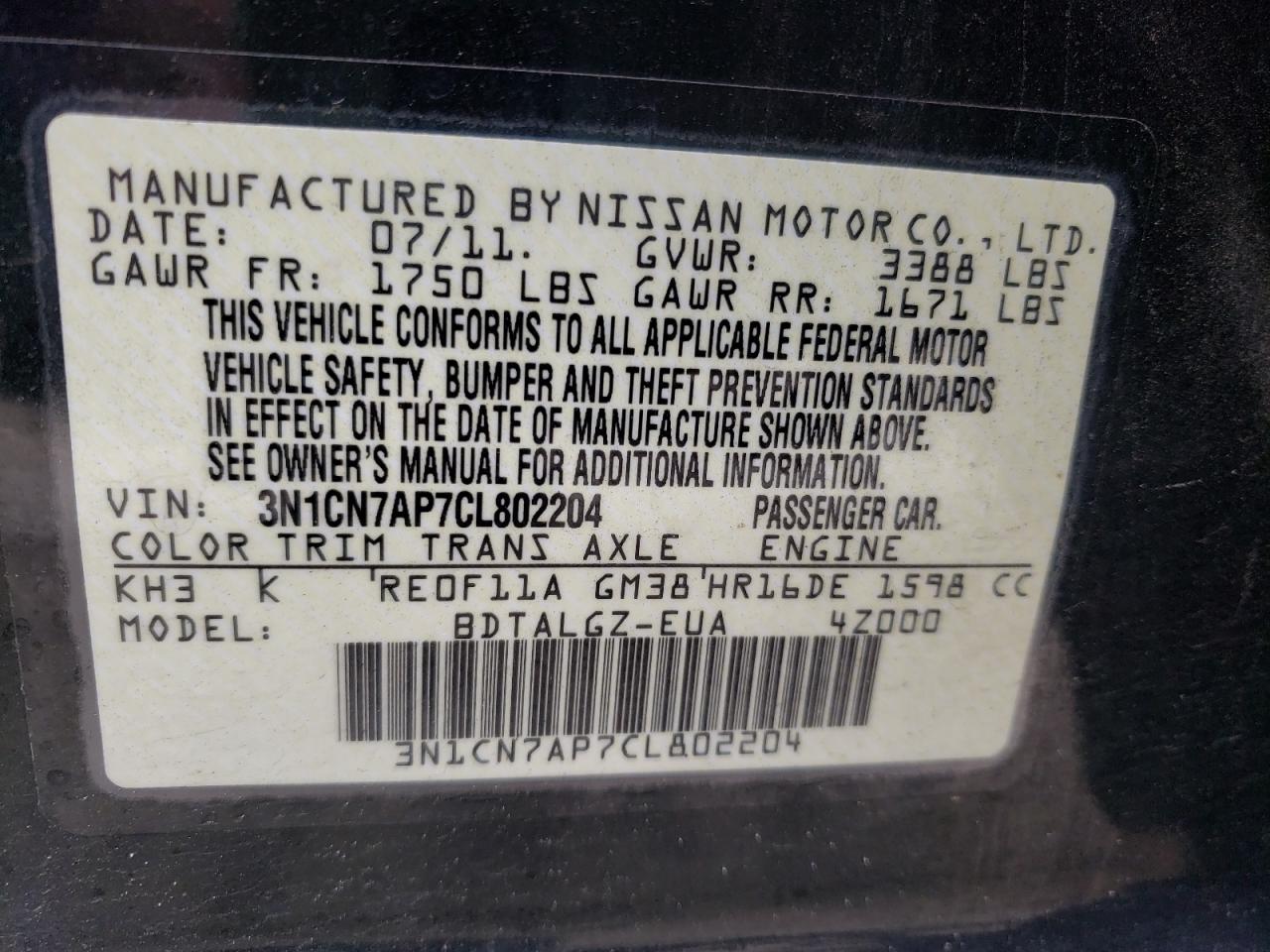 Photo 10 from auction – 2012 NISSAN VERSA S with VIN 3N1CN7AP7CL802204