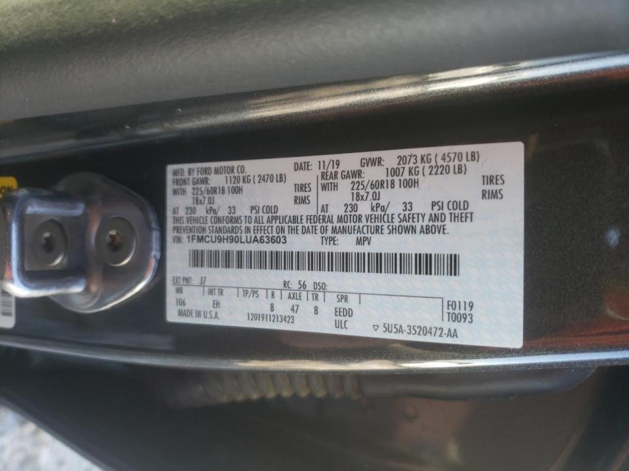 Photo 10 from auction – 2020 FORD ESCAPE SEL with VIN 1FMCU9H90LUA63603