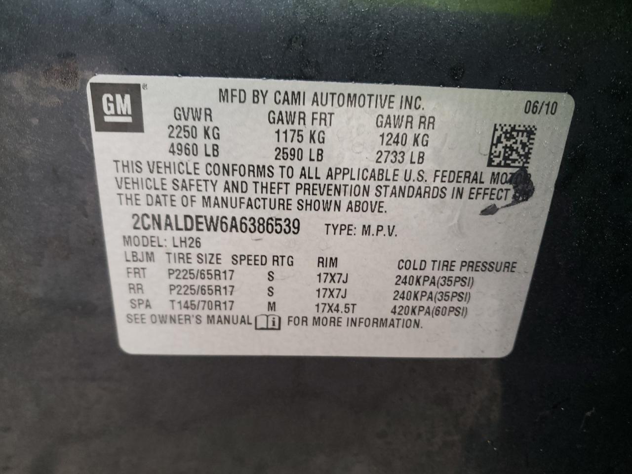 Photo 10 from auction – 2010 CHEVROLET EQUINOX LT with VIN 2CNALDEW6A6386539