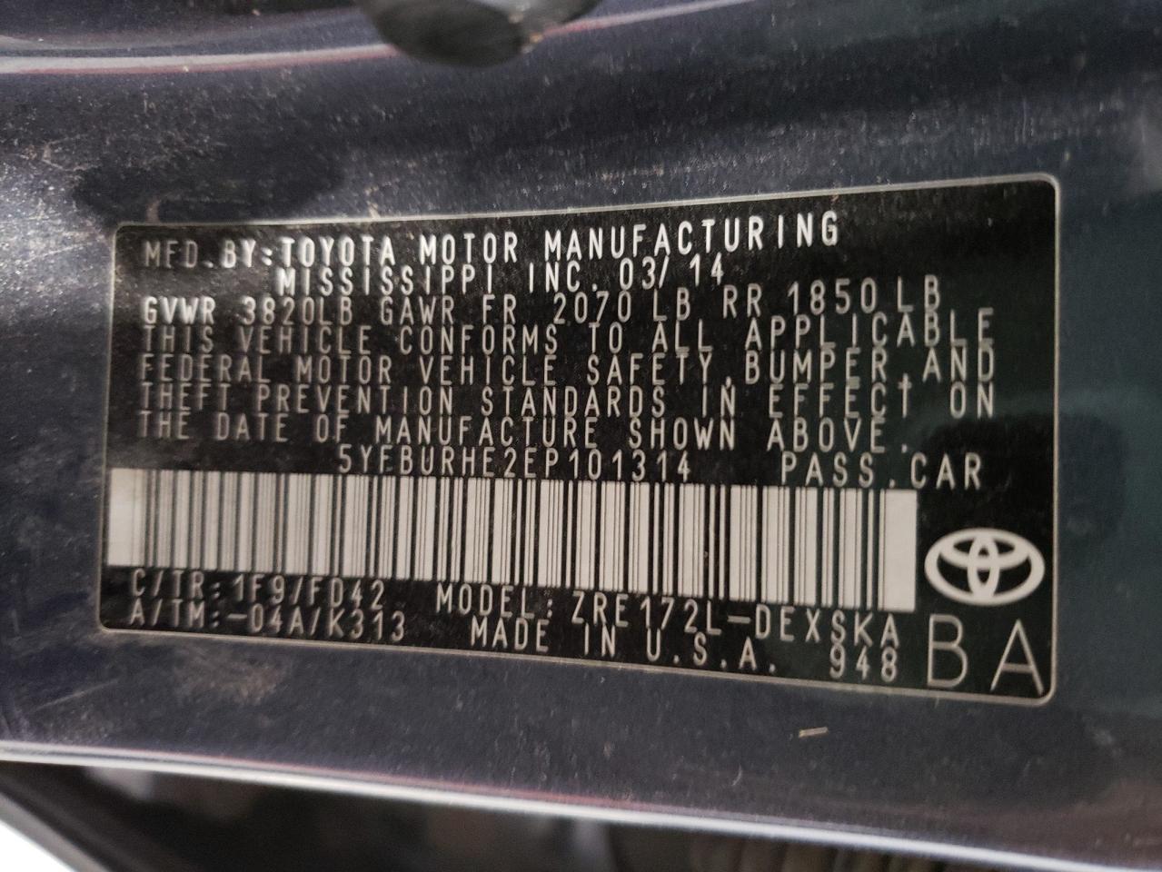 Photo 10 from auction – 2014 TOYOTA COROLLA L with VIN 5YFBURHE2EP101314
