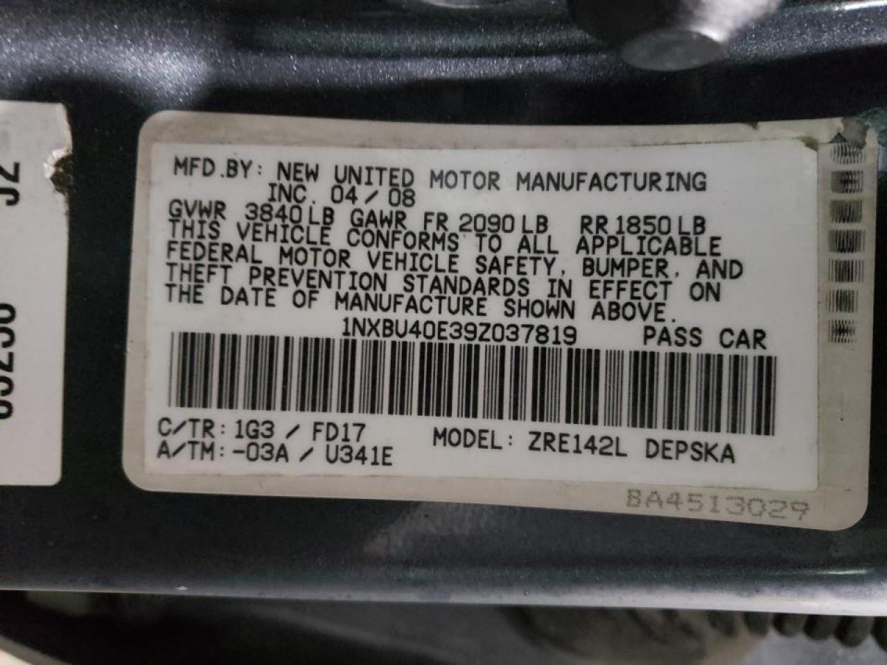 Photo 10 from auction – 2009 TOYOTA COROLLA BA with VIN 1NXBU40E39Z037819