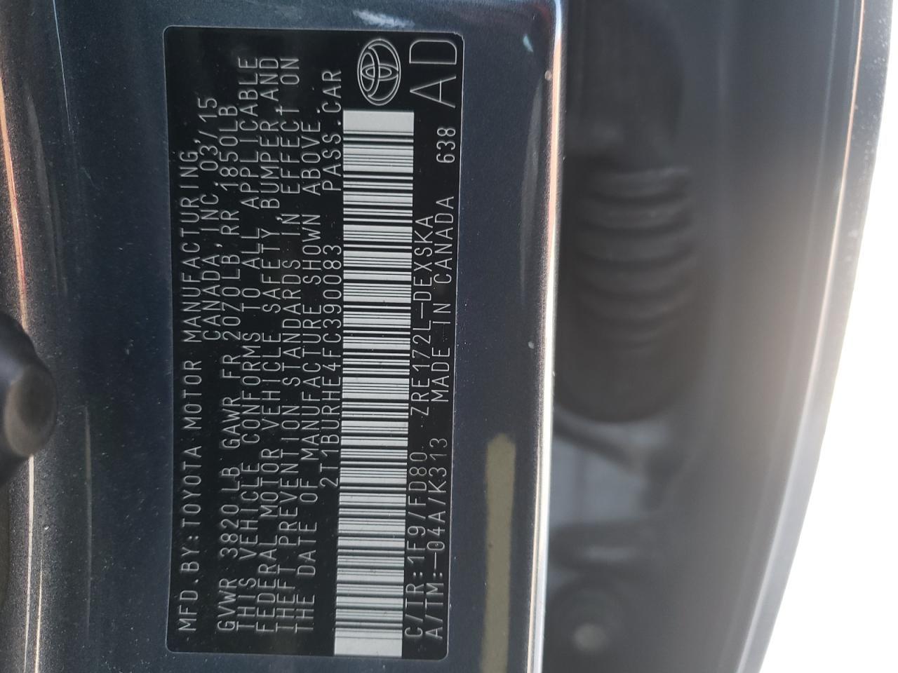 Photo 10 from auction – 2015 TOYOTA COROLLA L with VIN 2T1BURHE4FC390083