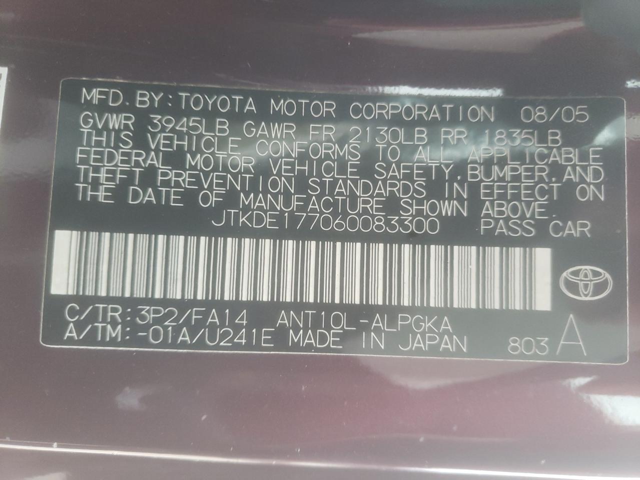 Photo 10 from auction – 2006 TOYOTA SCION TC with VIN JTKDE177060083300