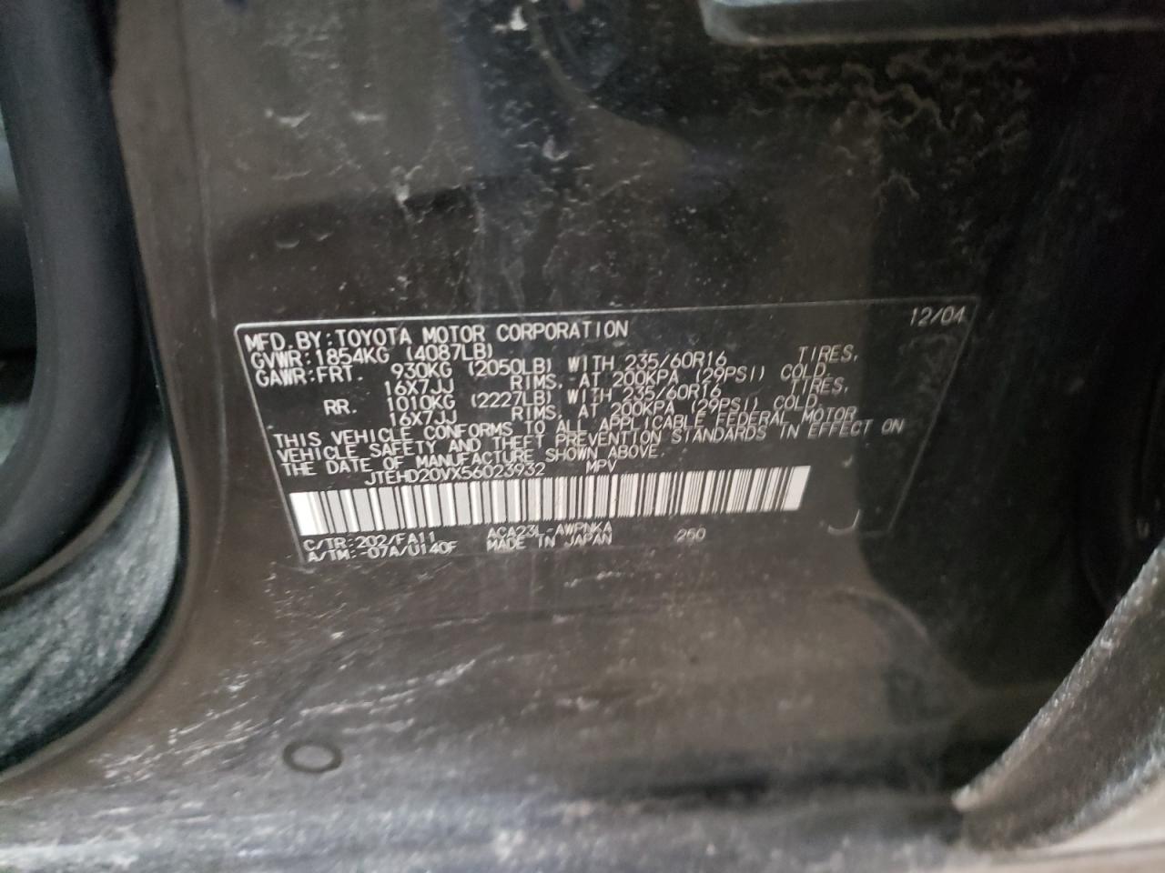 Photo 10 from auction – 2005 TOYOTA RAV4 with VIN JTEHD20VX56023932