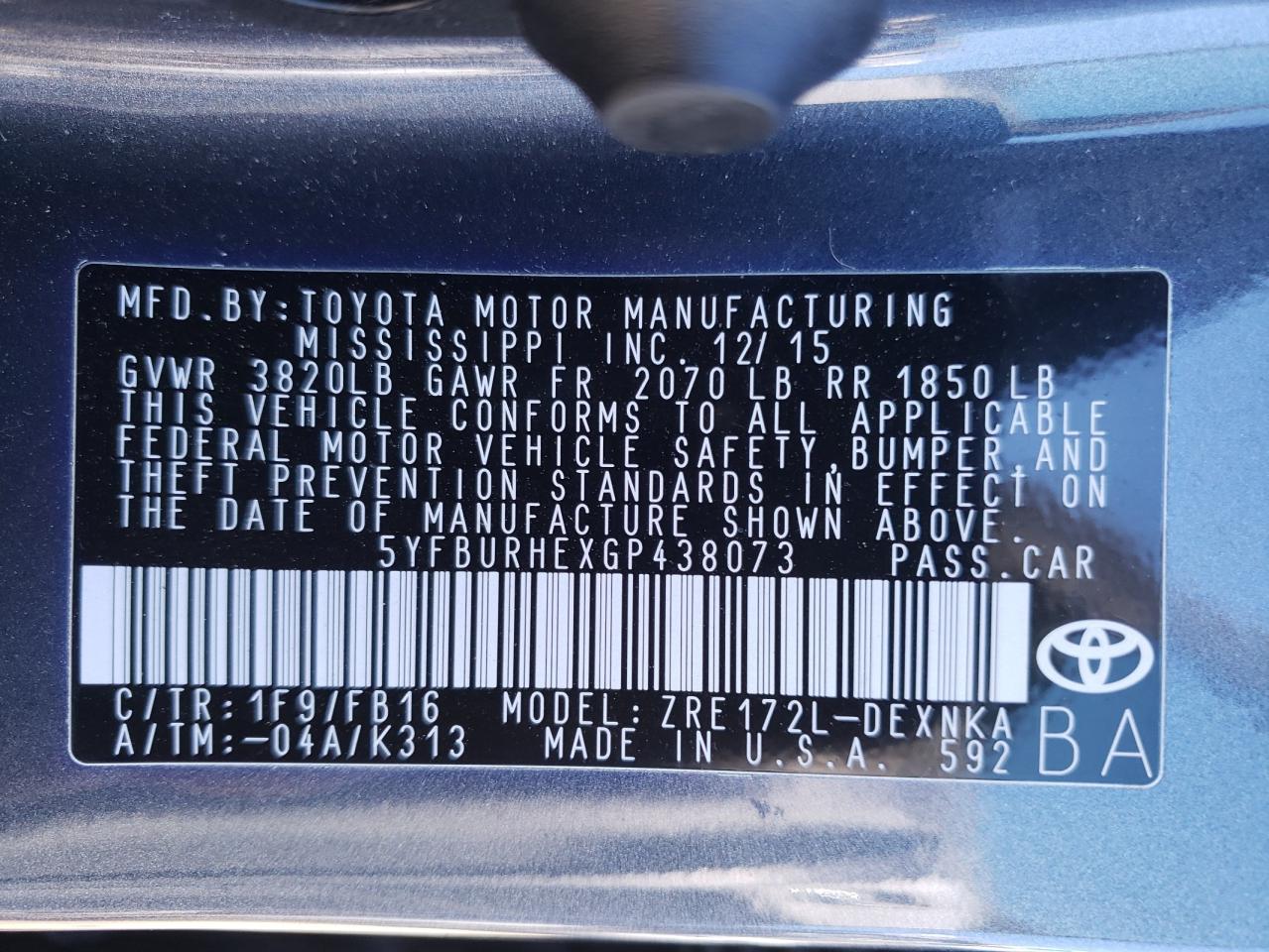 Photo 10 from auction – 2016 TOYOTA COROLLA L with VIN 5YFBURHEXGP438073