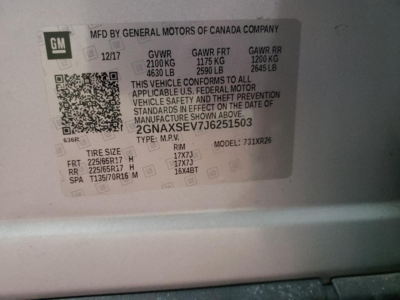Photo 10 from auction – 2018 CHEVROLET EQUINOX LT with VIN 2GNAXSEV7J6251503
