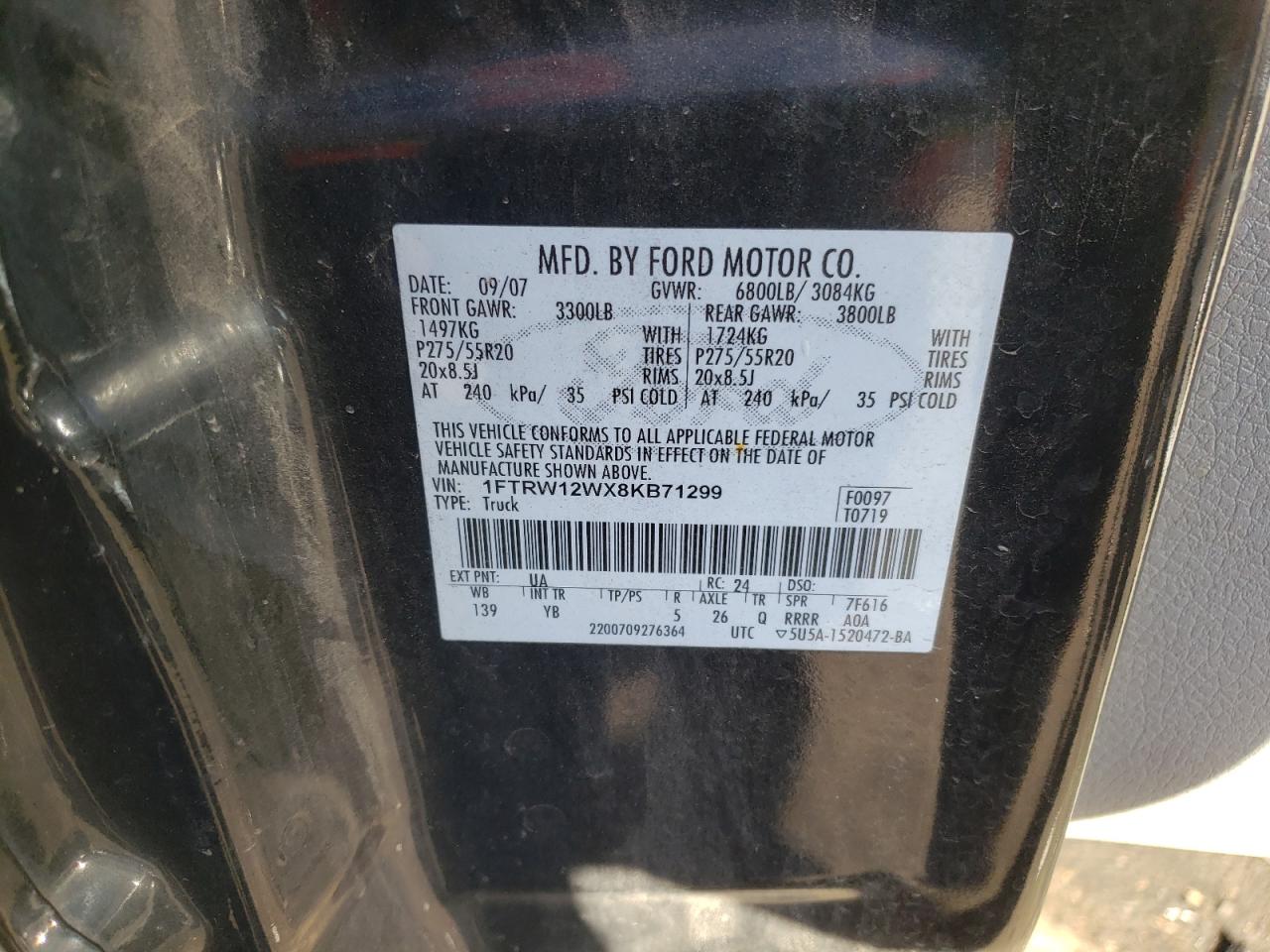 Photo 10 from auction – 2008 FORD F150 SUPER with VIN 1FTPW14V68FB29877