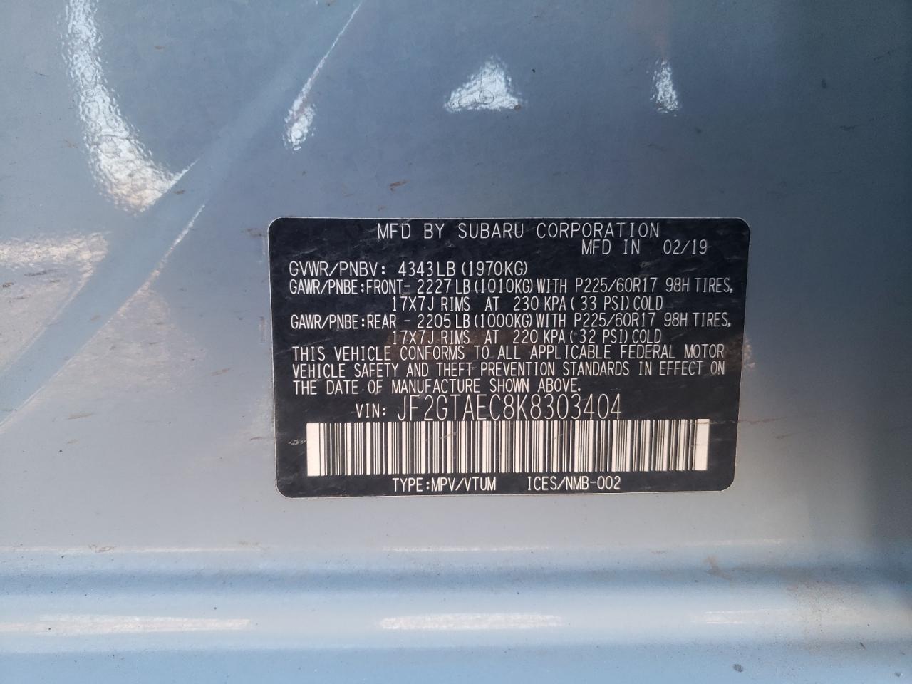 Photo 10 from auction – 2019 SUBARU CROSSTREK with VIN JF2GTAEC8K8303404