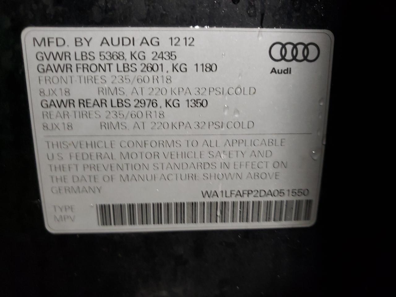 Photo 10 from auction – 2013 AUDI Q5 PREMIUM with VIN WA1LFAFP2DA051550