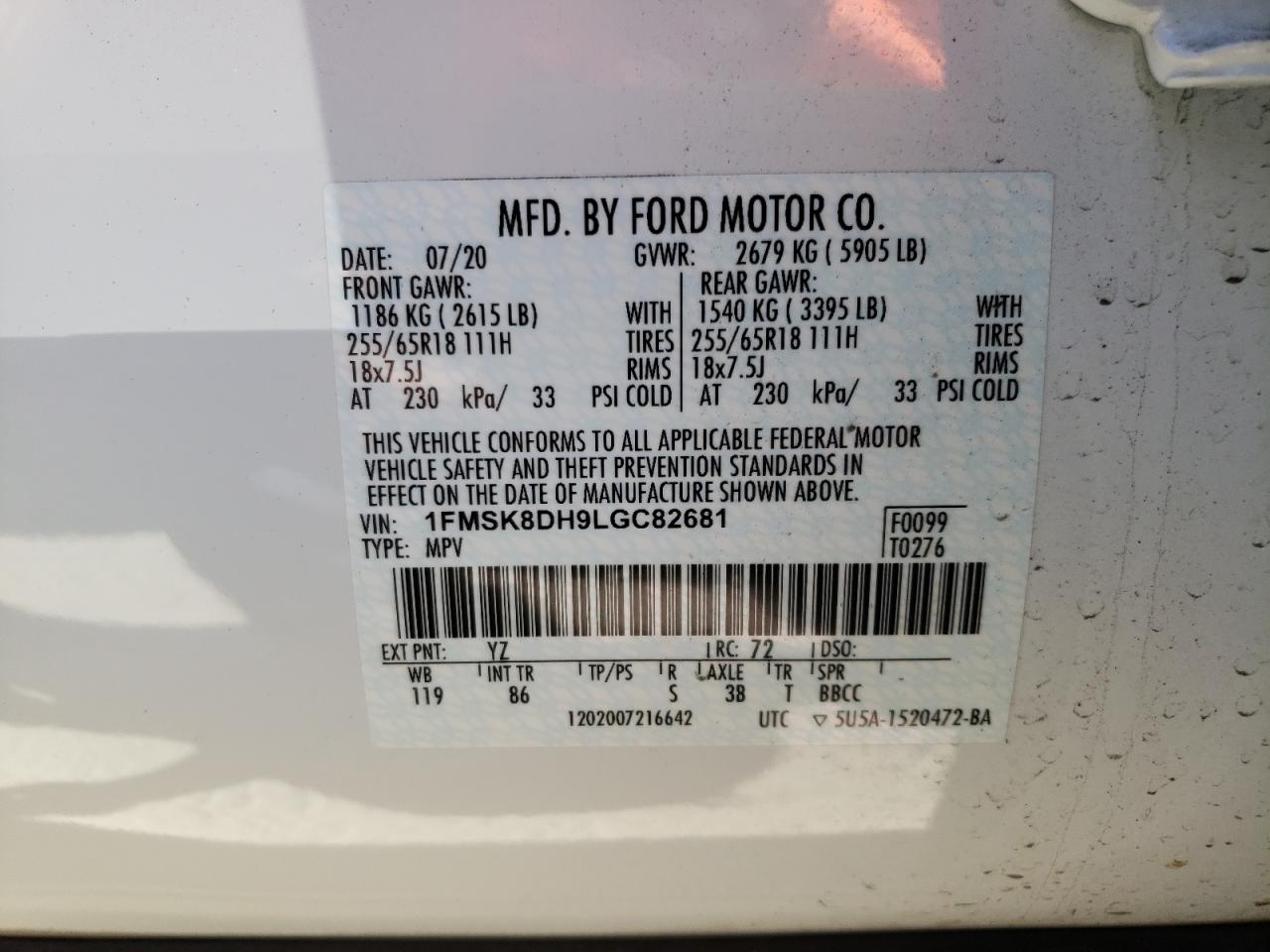 Photo 10 from auction – 2020 FORD EXPLORER X with VIN 1FMSK8DH9LGC82681