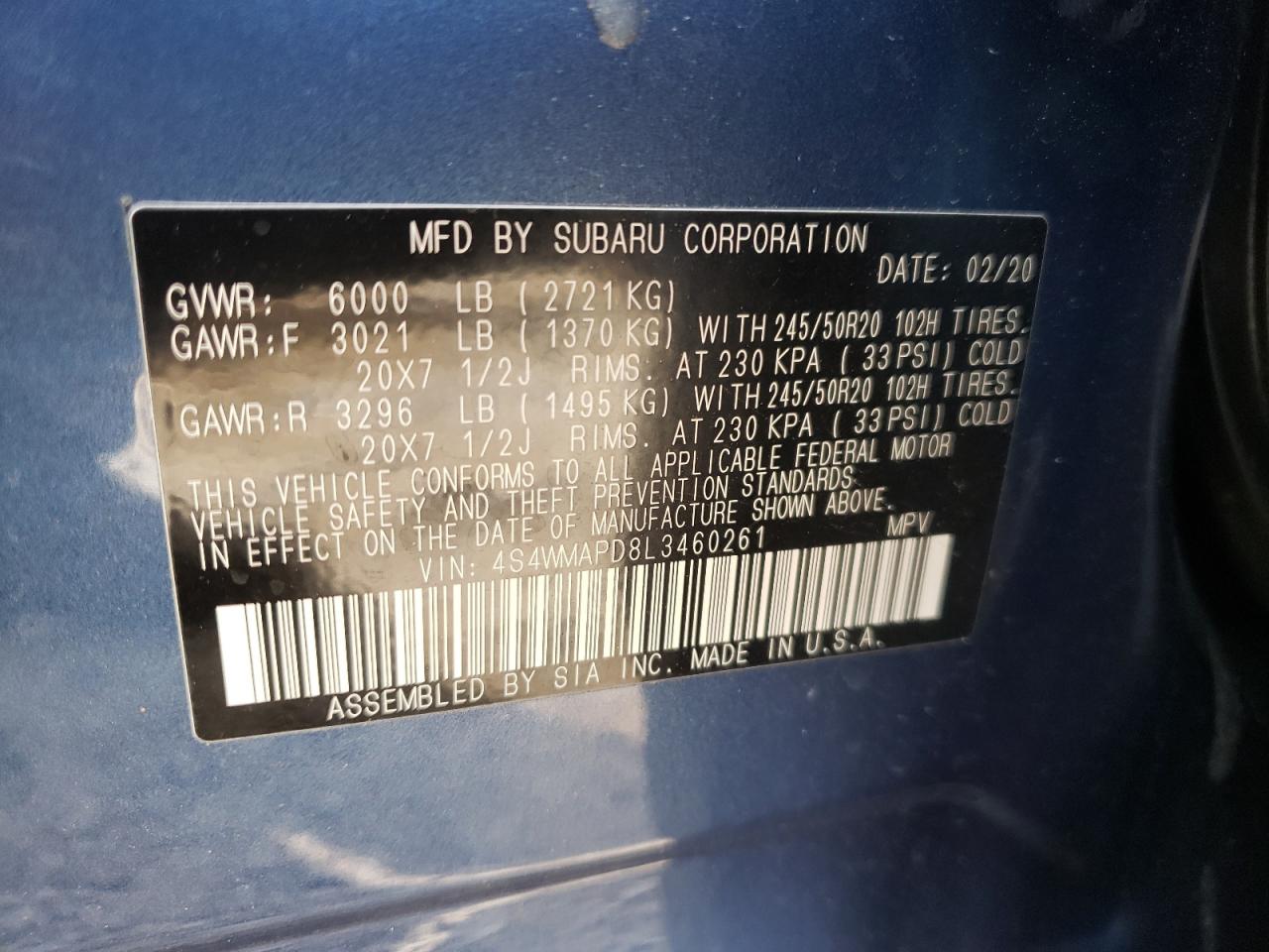 Photo 10 from auction – 2020 SUBARU ASCENT LIM with VIN 4S4WMAPD8L3460261