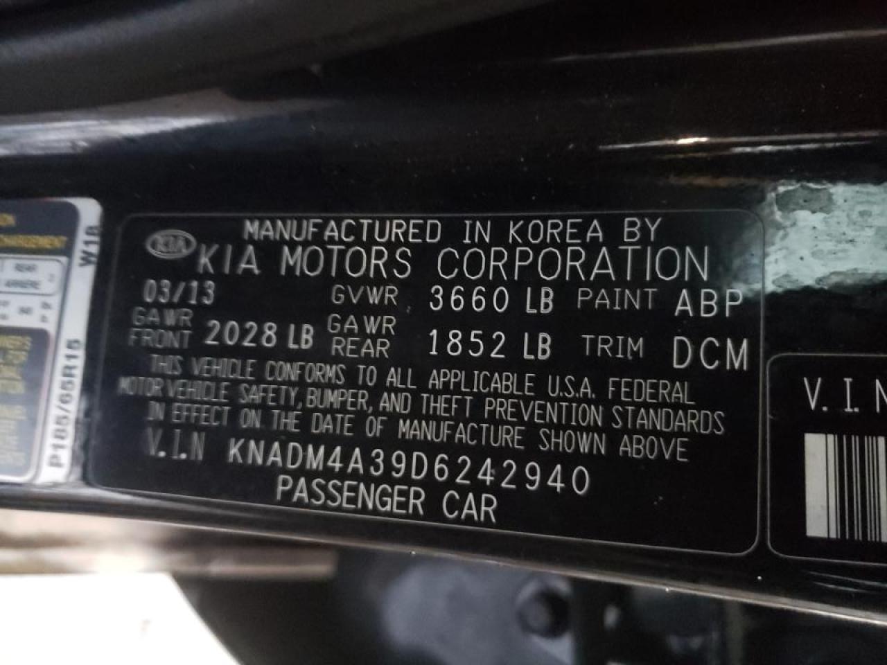 Photo 10 from auction – 2013 KIA RIO LX with VIN KNADM4A39D6242940