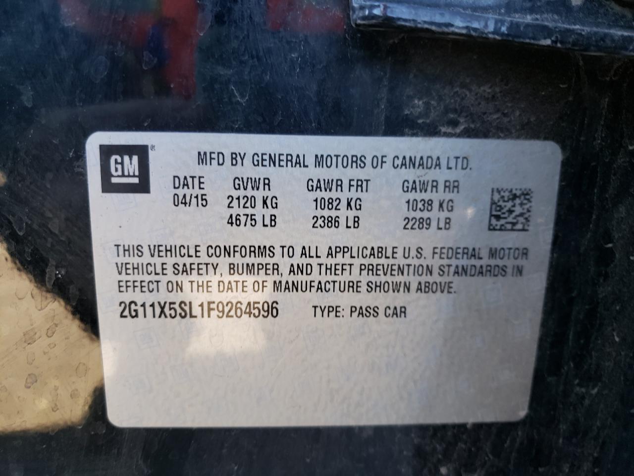 Photo 10 from auction – 2015 CHEVROLET IMPALA LS with VIN 2G11X5SL1F9264596