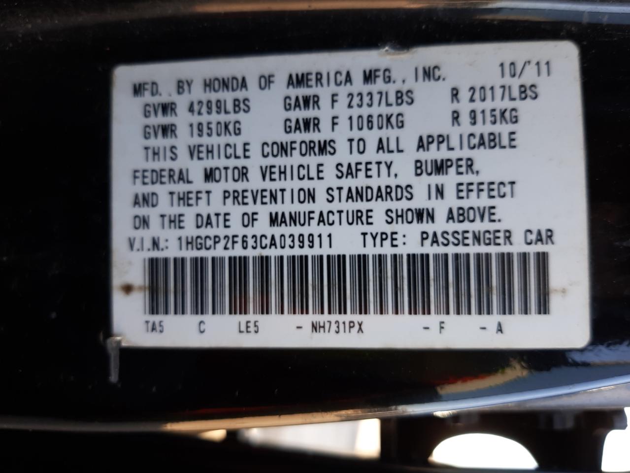 Photo 10 from auction – 2012 HONDA ACCORD EX with VIN 1HGCP2F63CA039911