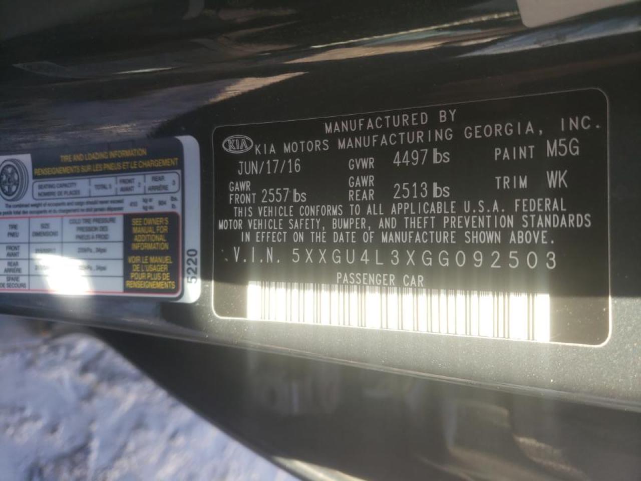 Photo 10 from auction – 2016 KIA OPTIMA EX with VIN 5XXGU4L3XGG092503