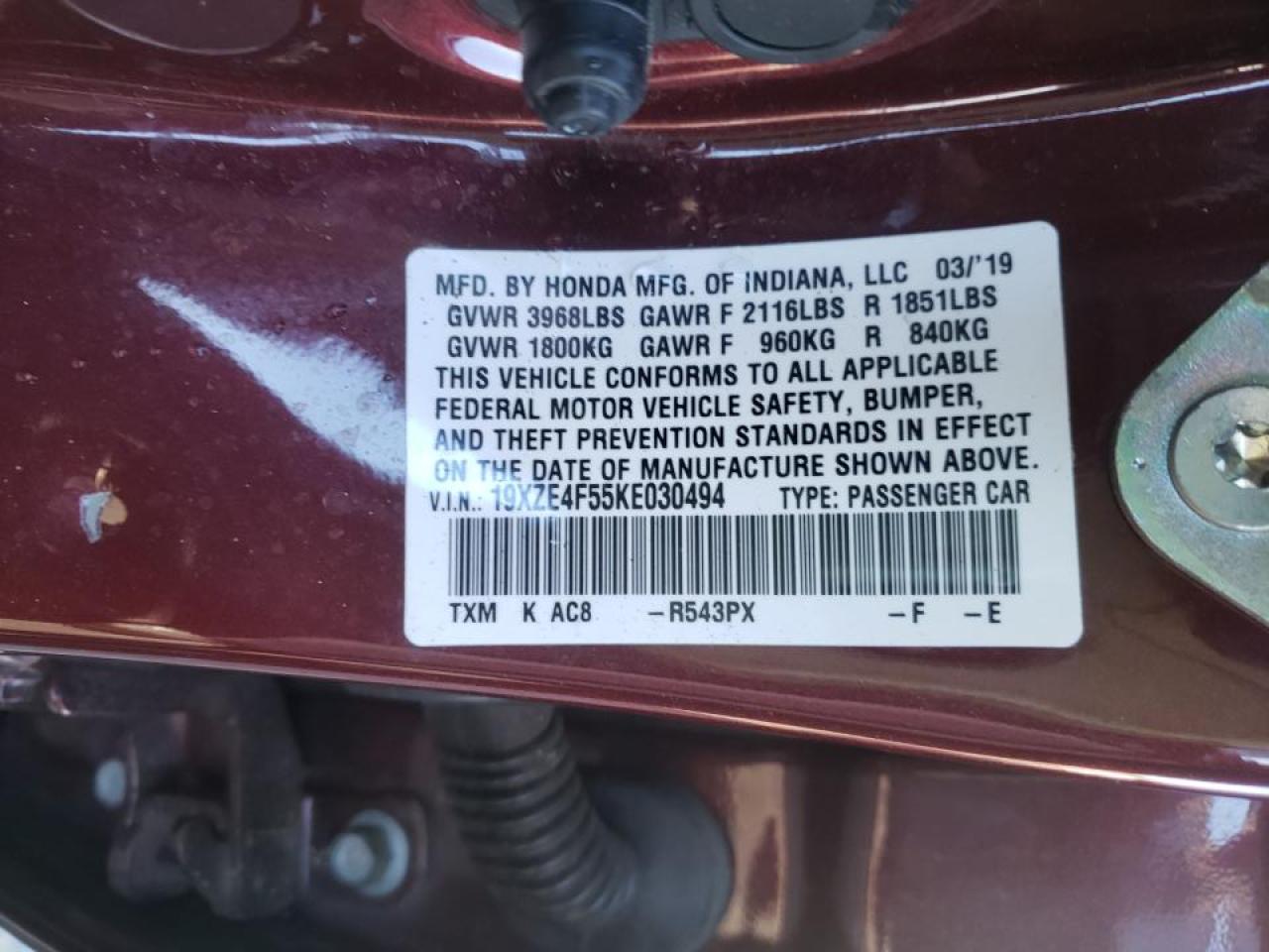 Photo 10 from auction – 2019 HONDA INSIGHT EX with VIN 19XZE4F55KE030494