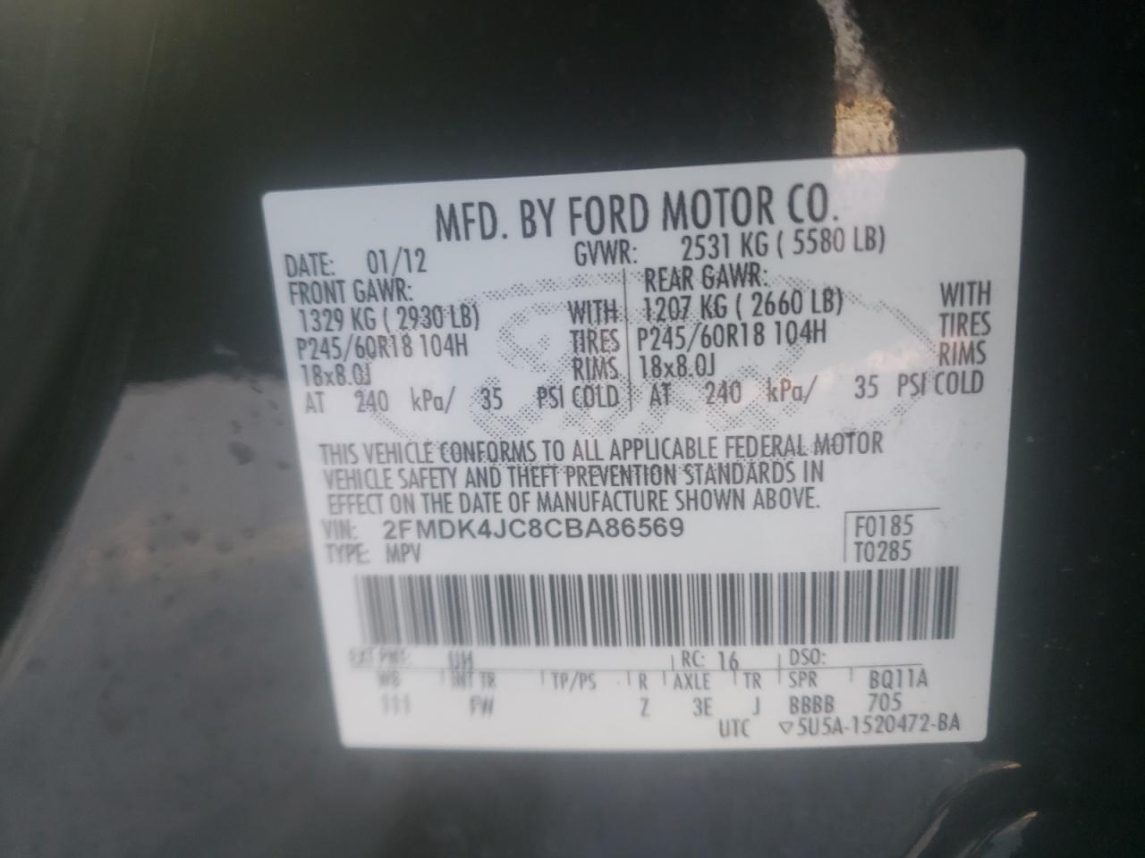 Photo 10 from auction – 2012 FORD EDGE SEL with VIN 2FMDK4JC8CBA86569