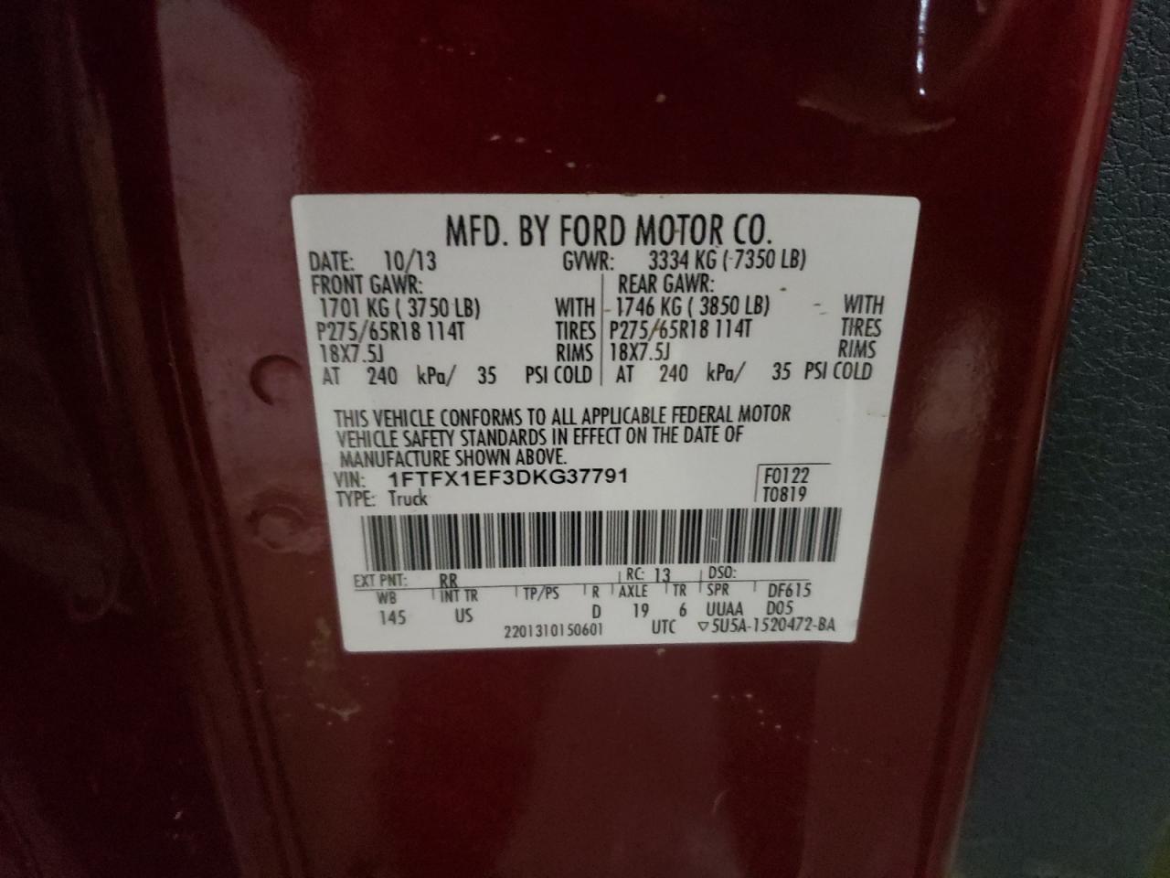 Photo 10 from auction – 2013 FORD F150 SUPER with VIN 1FTFX1EF3DKG37791