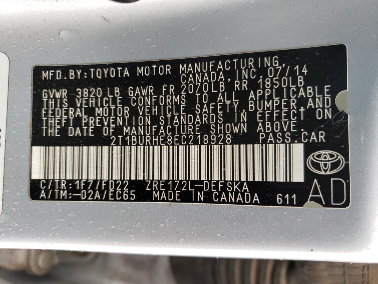 Photo 10 from auction – 2014 TOYOTA COROLLA L with VIN 2T1BURHE8EC218928