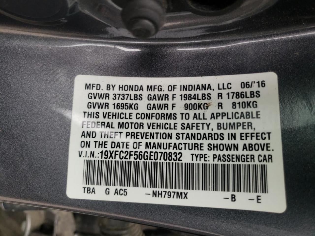 Photo 10 from auction – 2016 HONDA CIVIC LX with VIN 19XFC2F56GE070832