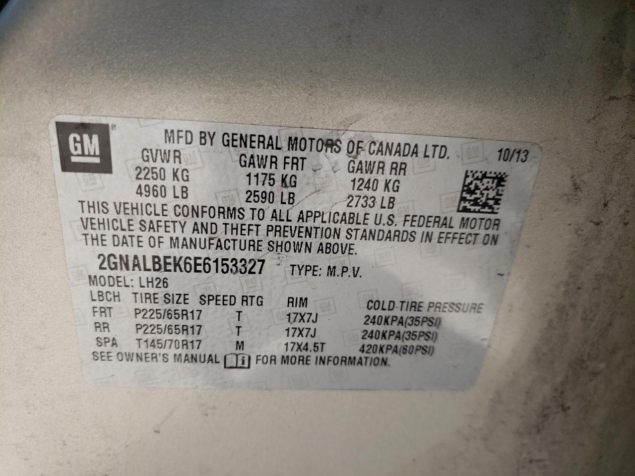 Photo 10 from auction – 2014 CHEVROLET EQUINOX LT with VIN 2GNALBEK6E6153327