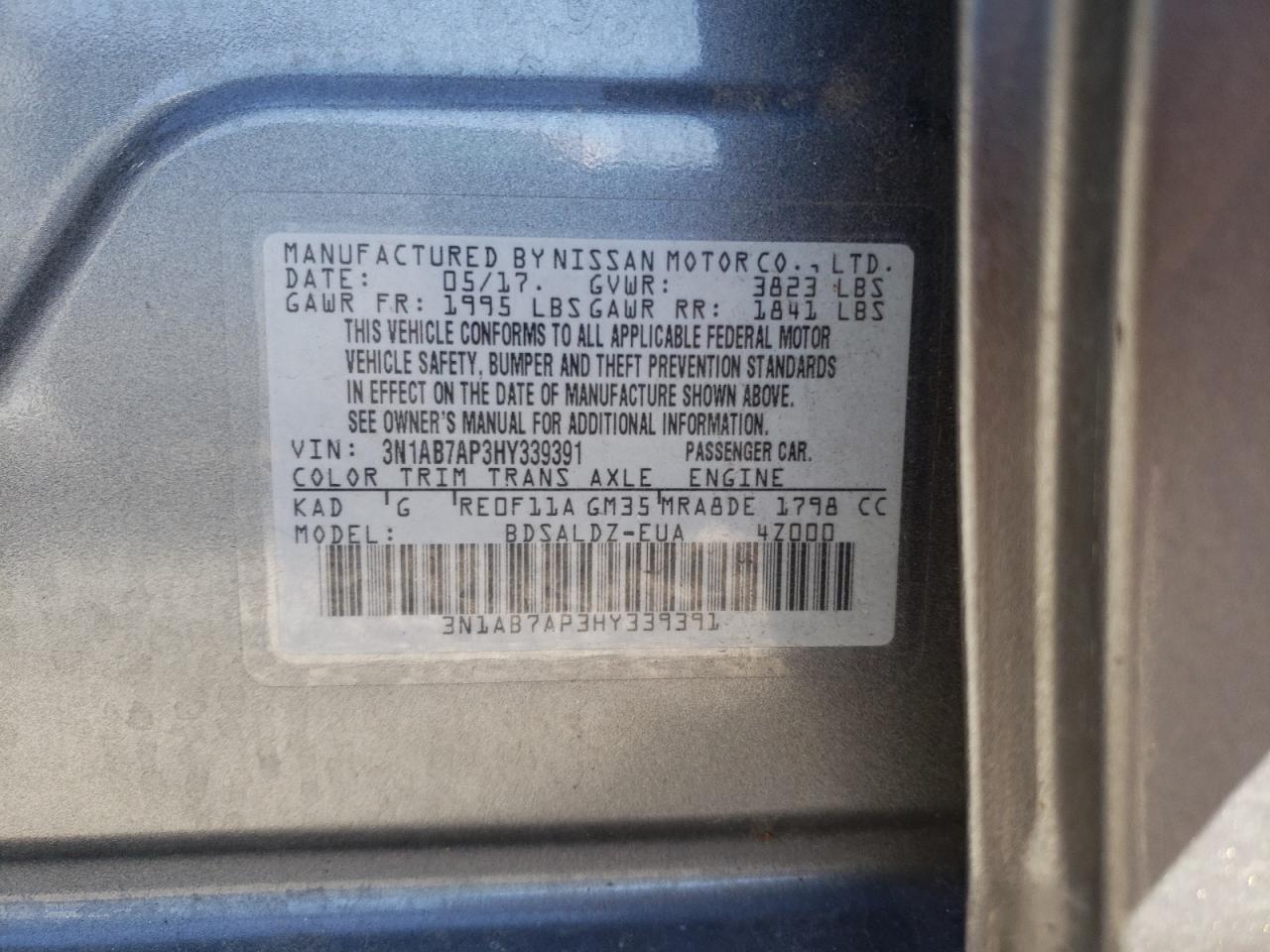 Photo 10 from auction – 2017 NISSAN SENTRA S with VIN 3N1AB7AP3HY339391