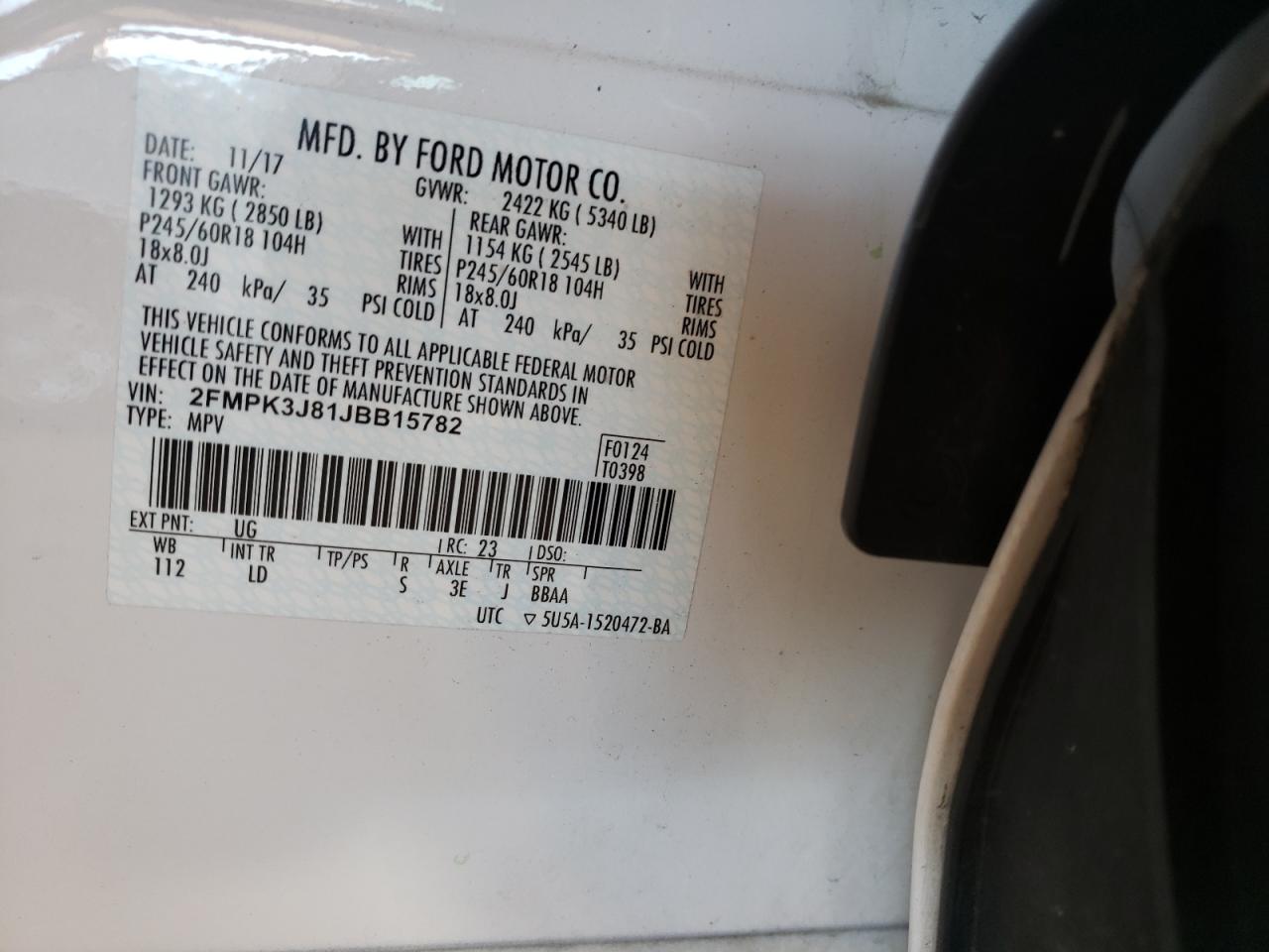 Photo 10 from auction – 2018 FORD EDGE SEL with VIN 2FMPK3J81JBB15782