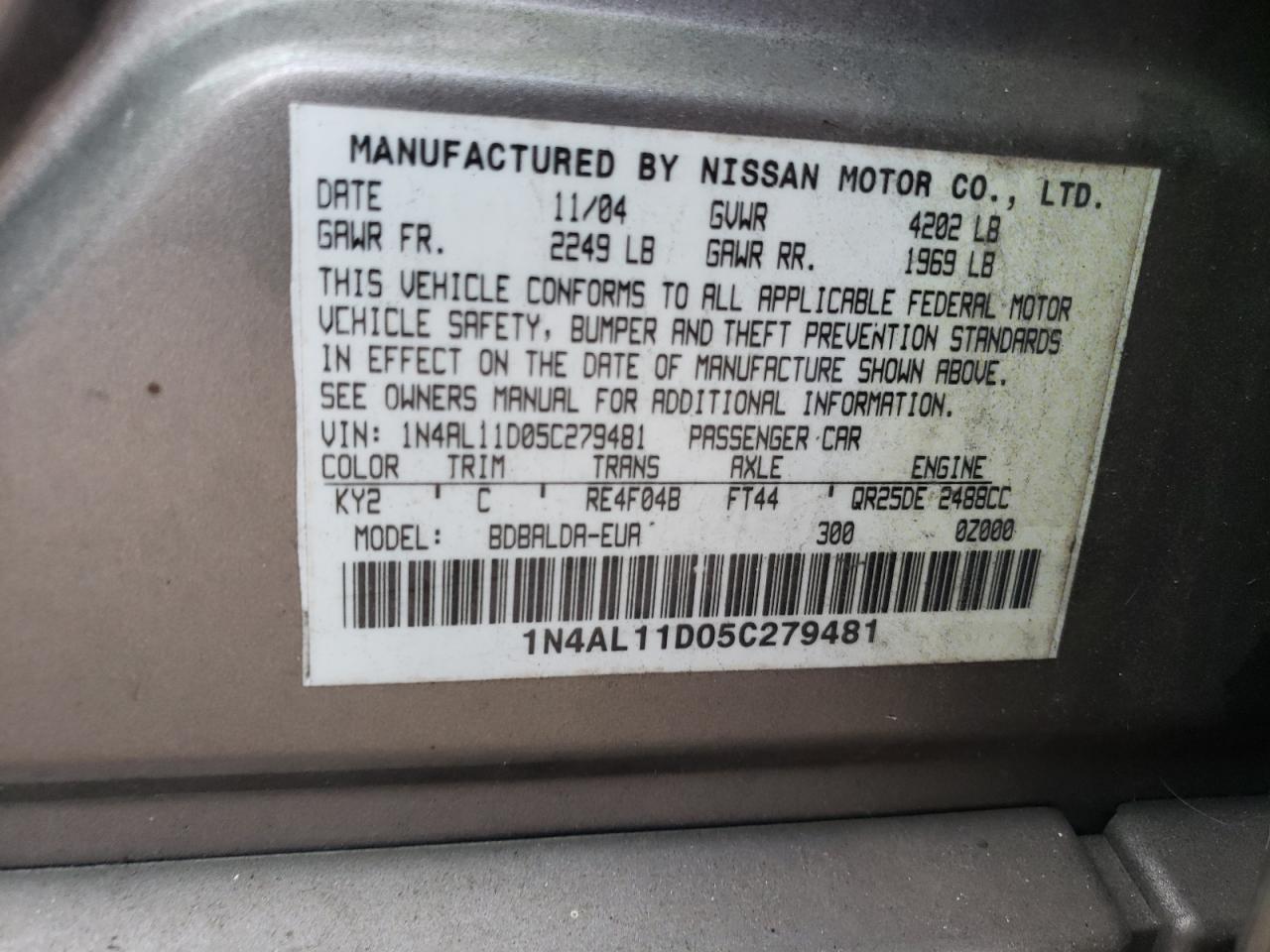 Photo 10 from auction – 2005 NISSAN ALTIMA S with VIN 1N4AL11D05C279481