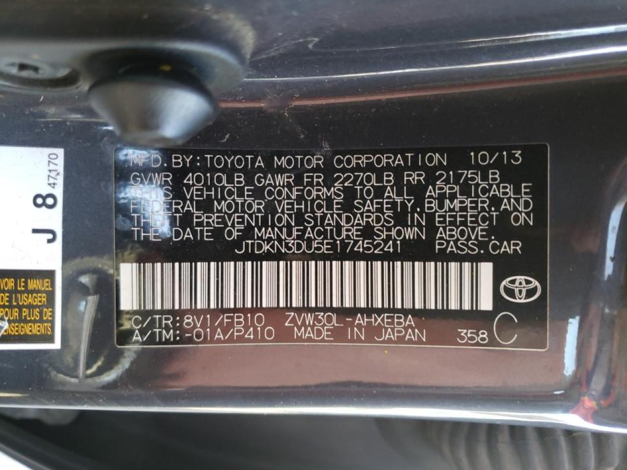 Photo 10 from auction – 2014 TOYOTA PRIUS with VIN JTDKN3DU5E1745241