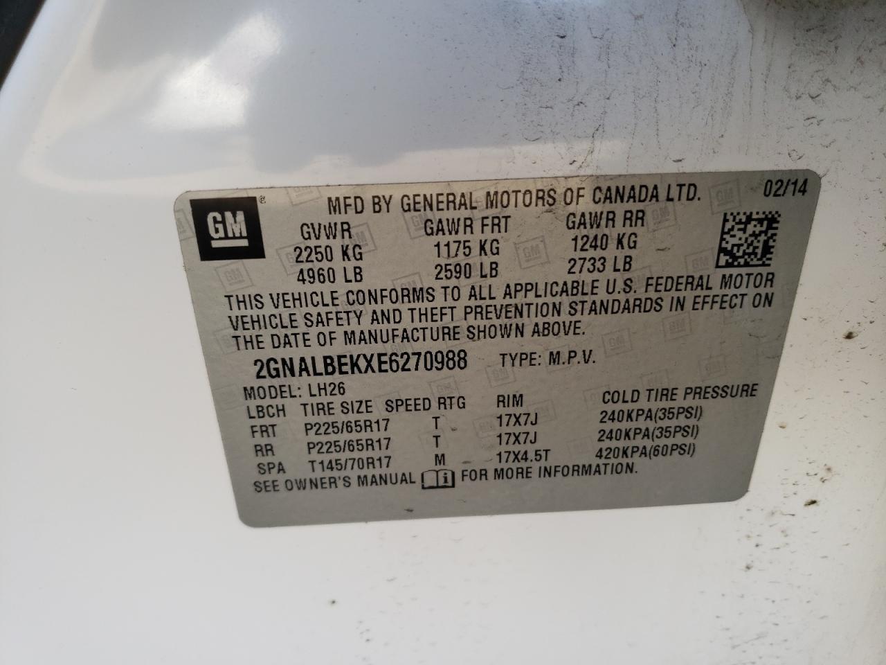 Photo 10 from auction – 2014 CHEVROLET EQUINOX LT with VIN 2GNALBEKXE6270988
