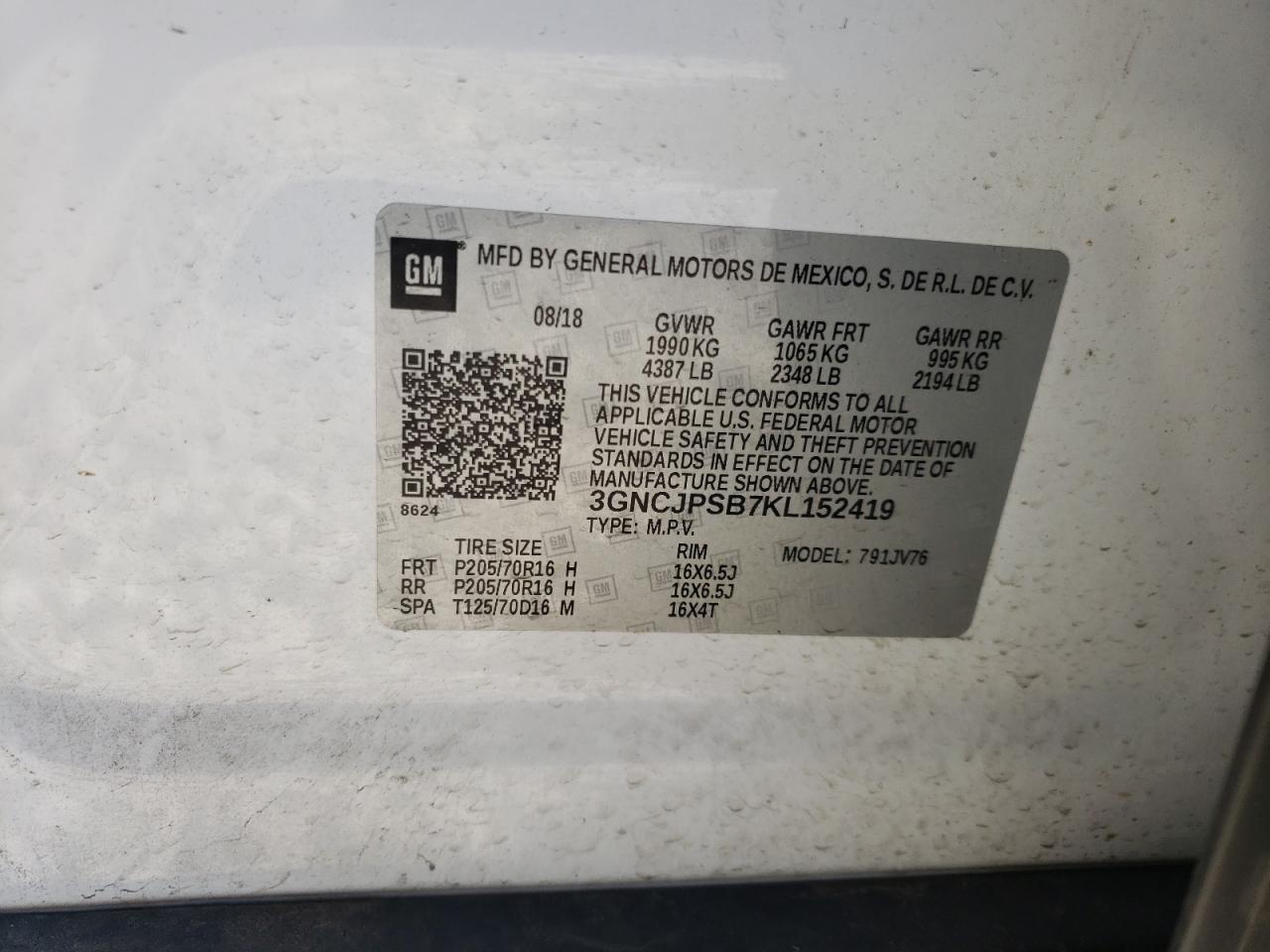 Photo 10 from auction – 2019 CHEVROLET TRAX 1LT with VIN 3GNCJPSB7KL152419
