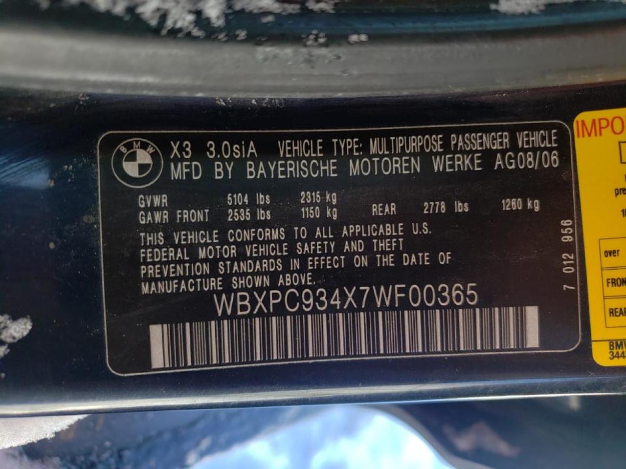 Photo 10 from auction – 2007 BMW X3 3.0SI with VIN WBXPC934X7WF00365