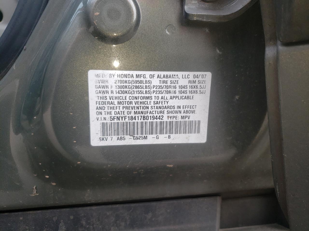 Photo 10 from auction – 2007 HONDA PILOT EX with VIN 5FNYF18417B019442