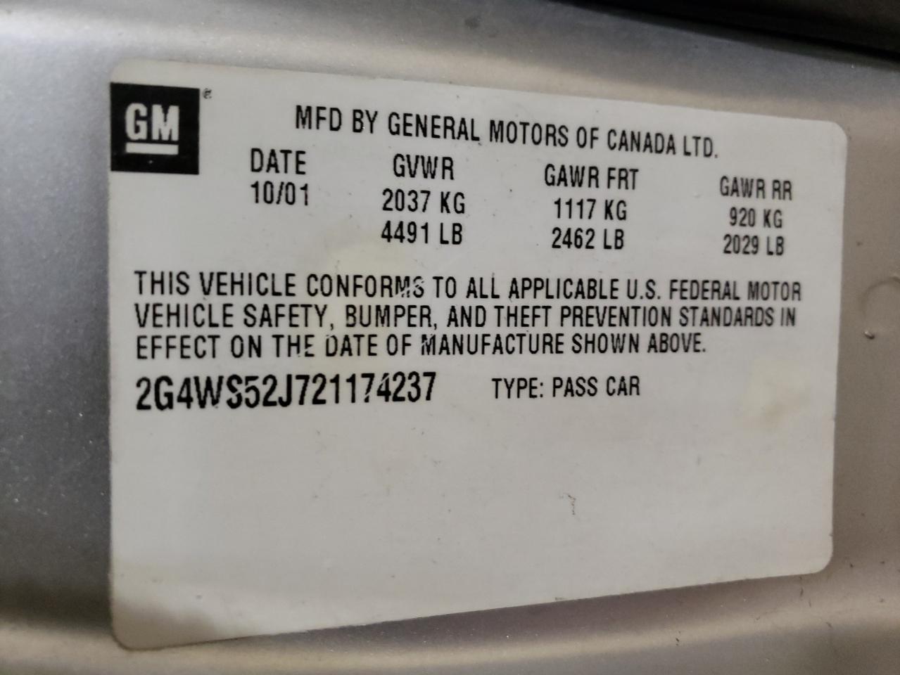 Photo 10 from auction – 2002 BUICK CENTURY CU with VIN 2G4WS52J721174237