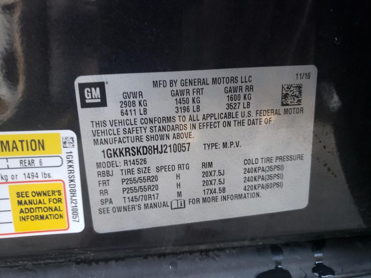 Photo 10 from auction – 2017 GMC ACADIA LIM with VIN 1GKKRSKD8HJ210057
